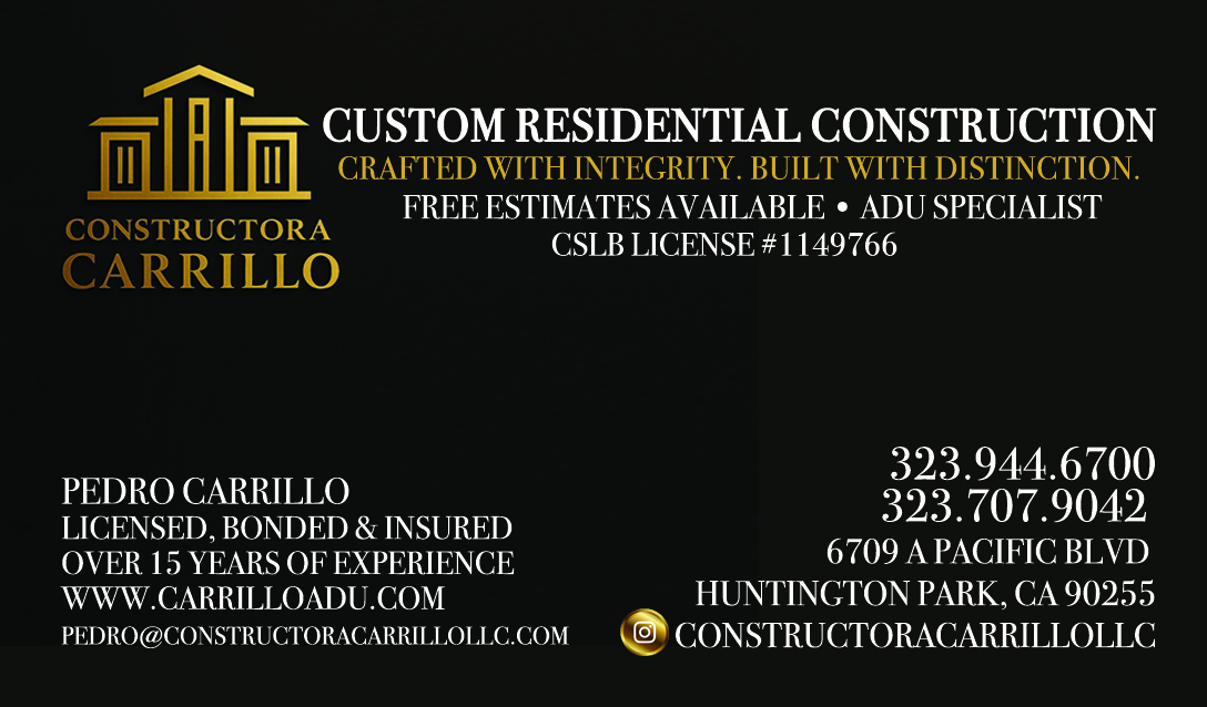 Business card, Constructora Carrillo LLC, Pedro Carrillo, CSLB #1149766