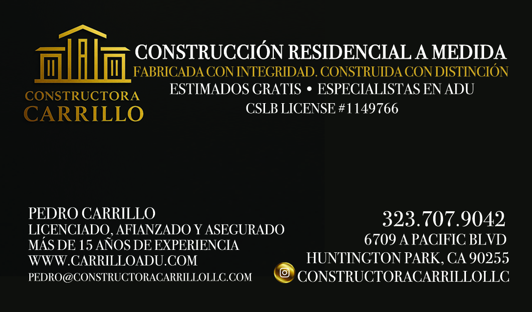 Tarjeta de presentación, Constructora Carrillo LLC, Pedro Carrillo, CSLB #1149766